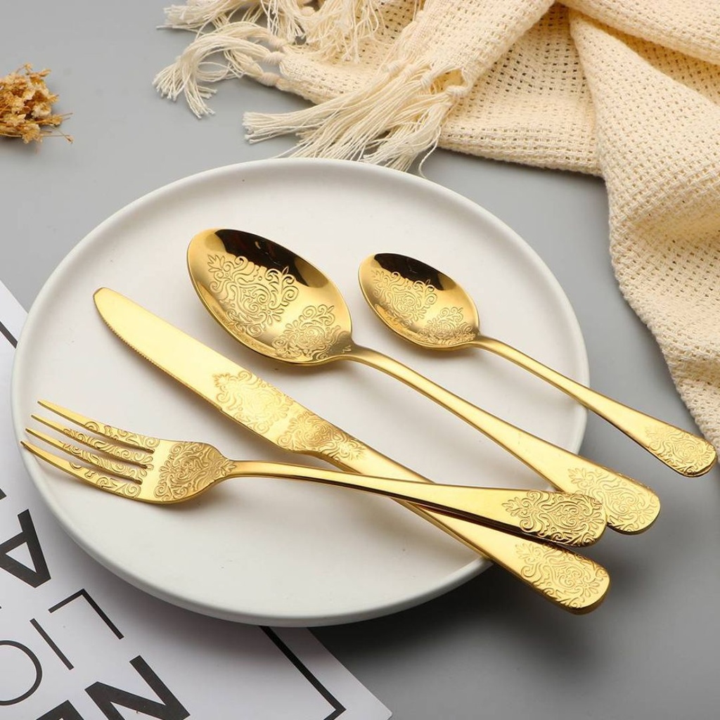 [ZR21049-1] Coffret Ménagère 24 Pièces En Acier Inoxydable Doré avec Design 