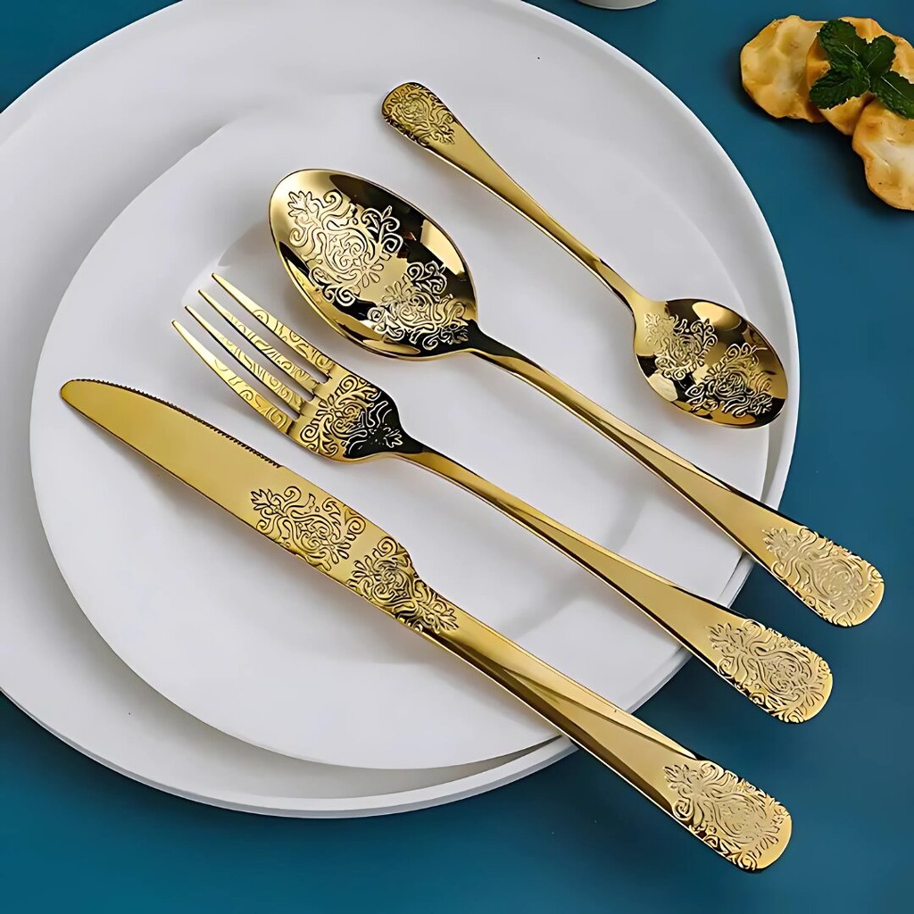 Coffret Ménagère 24 Pièces En Acier Inoxydable Doré avec Design 