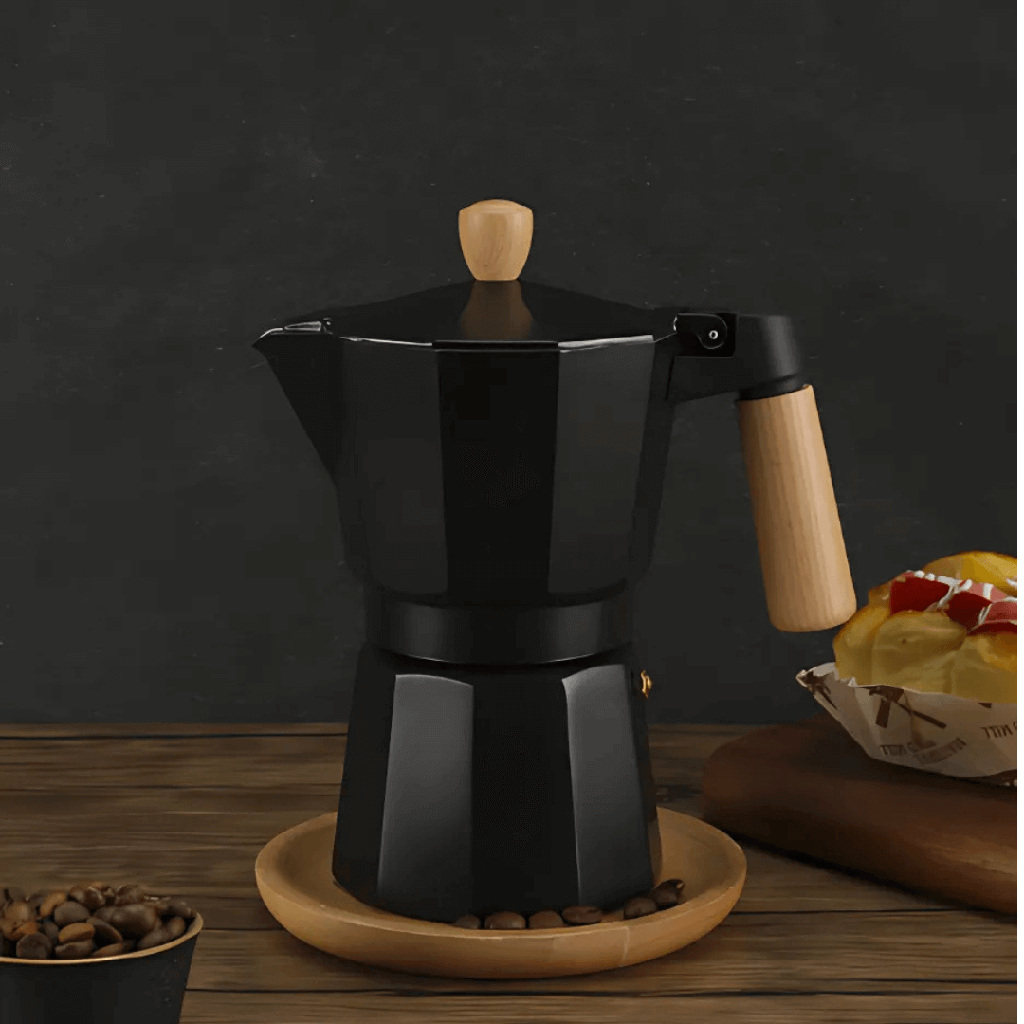 Cafetière italienne En Aluminium 6 Tasses Noir avec Poignée effet Bois