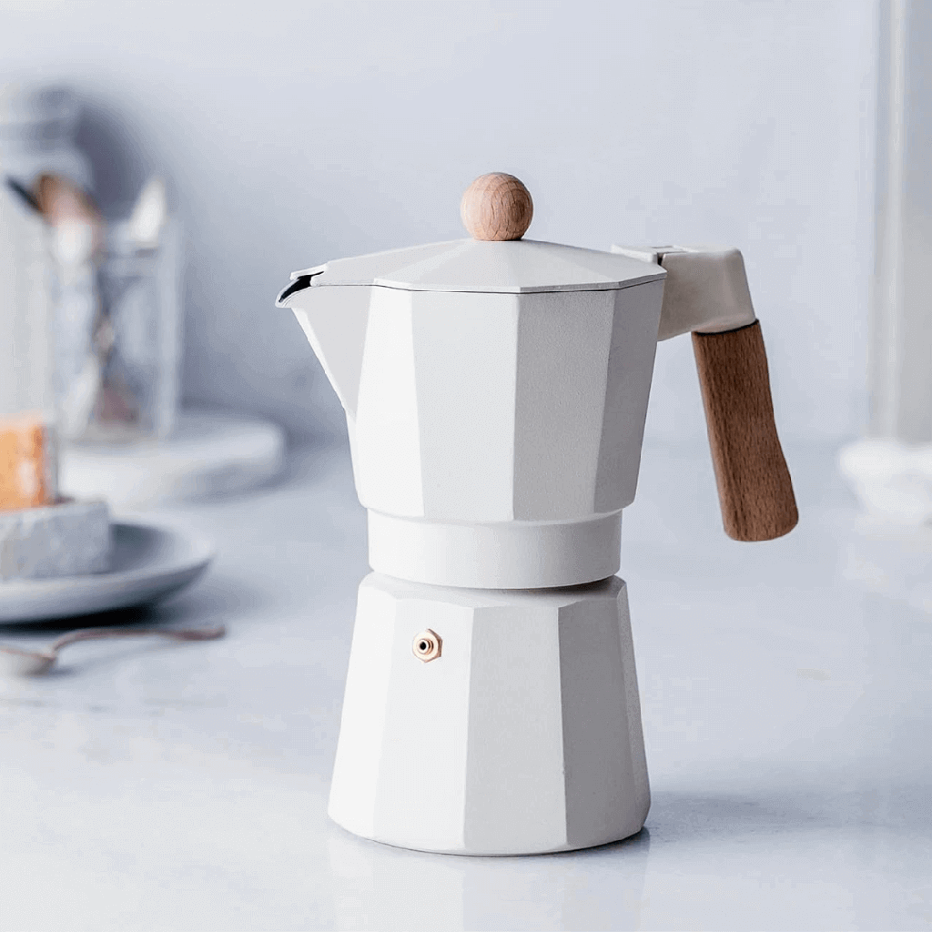 [1777-1B] Cafetière italienne En Aluminium 6 Tasses Blanc Cassé avec Poignée effet Bois