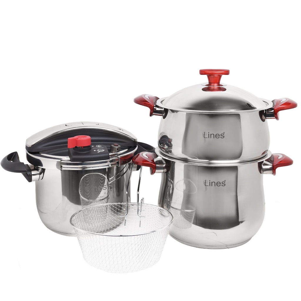 Ensemble de 6 pièces Inox Lines Cocotte 6 L et couscoussier 4 L Rouge