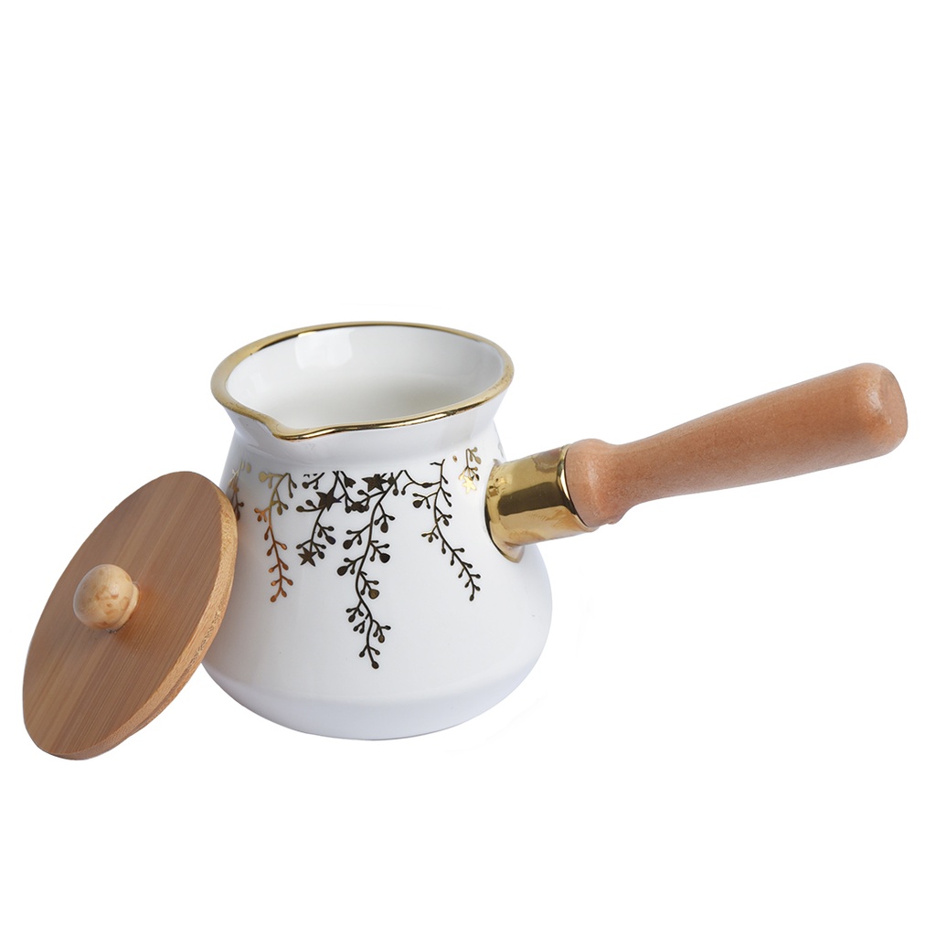 Pot a Lait En Porcelaine Avec Couvercle en Bois 350ml