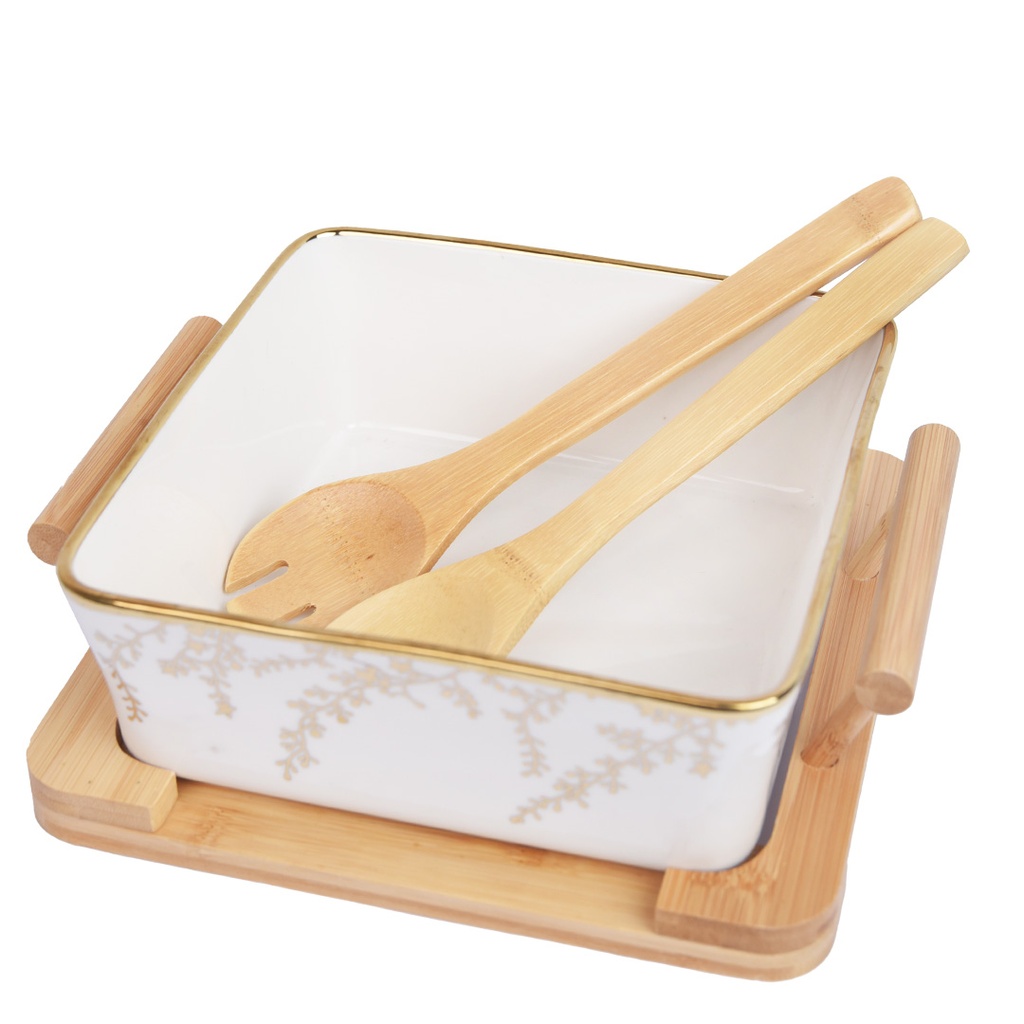 Saladier En Porcelaine Avec Support En Bois 