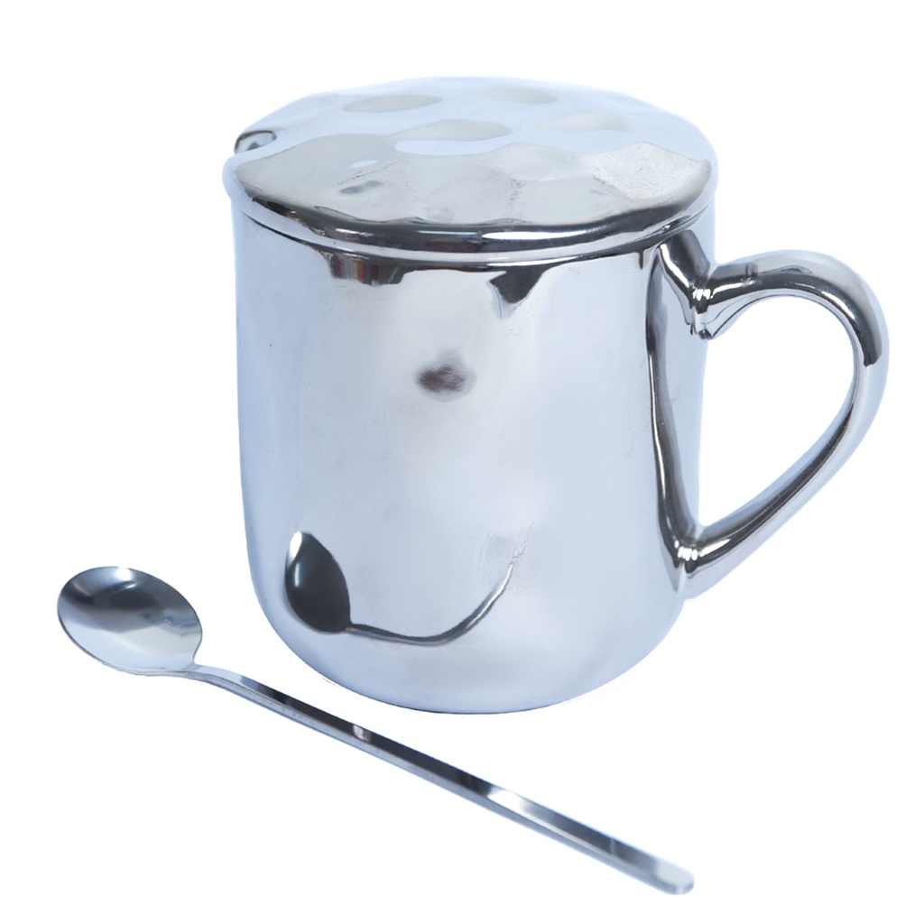 Mug En Céramique Argenté avec Couvercle et Cuillère