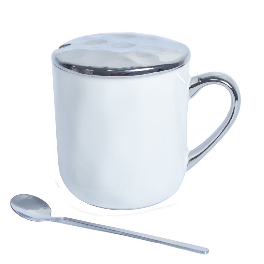 [SAI0084] Mug En Céramique Blanc avec Couvercle et Cuillère 