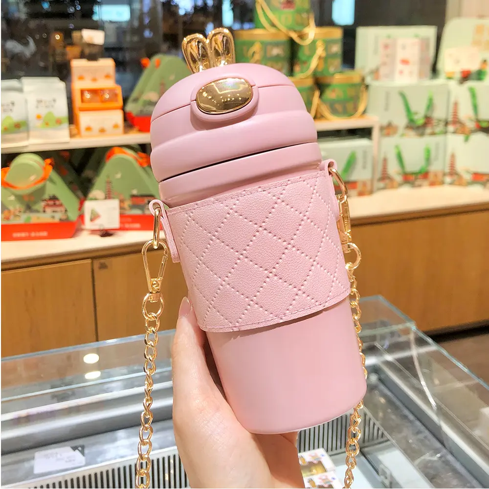 Mug Thermos En Acier Inoxydable avec Bandoulière Rose 480ml