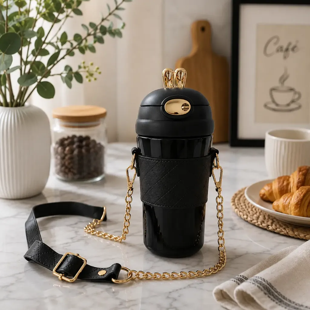 [AF0148BN] Thermos En Acier Inoxydable avec Bandoulière Noir 480ml