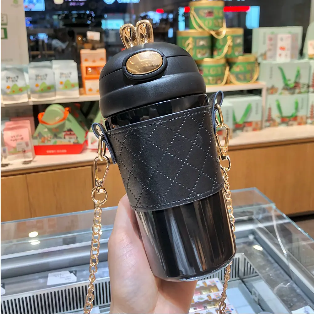 [AF0148BN] Thermos En Acier Inoxydable avec Bandoulière Noir 480ml