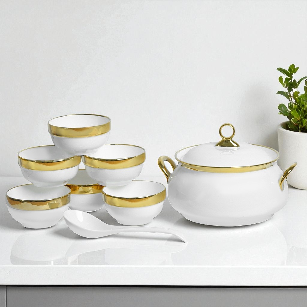 Service a Soupe En Porcelaine Blanc & Doré Avec Cuiellere