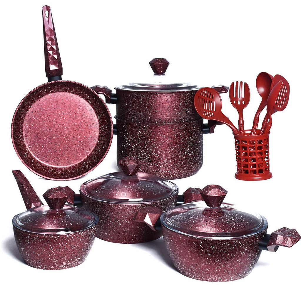 Batterie De Cuisine Sizar 16 Pièces Granite Rouge
