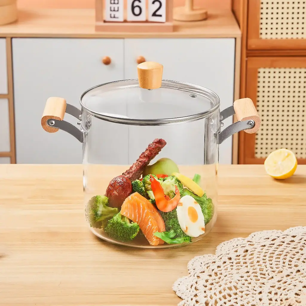 [TM5500] Marmite En Verre Chauffante avec poignée en Bois 5,5L