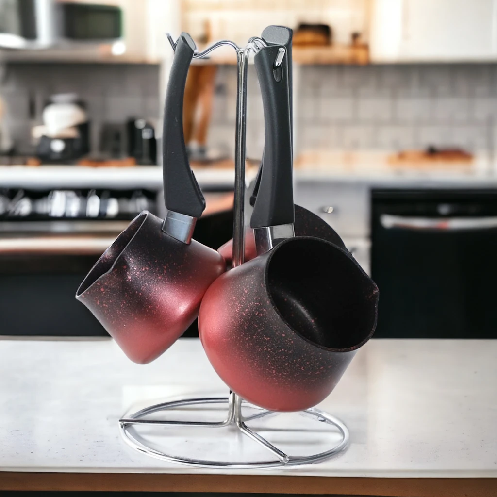Set de 3 pots à lait GRATINA Granite Rouge & Noir avec support