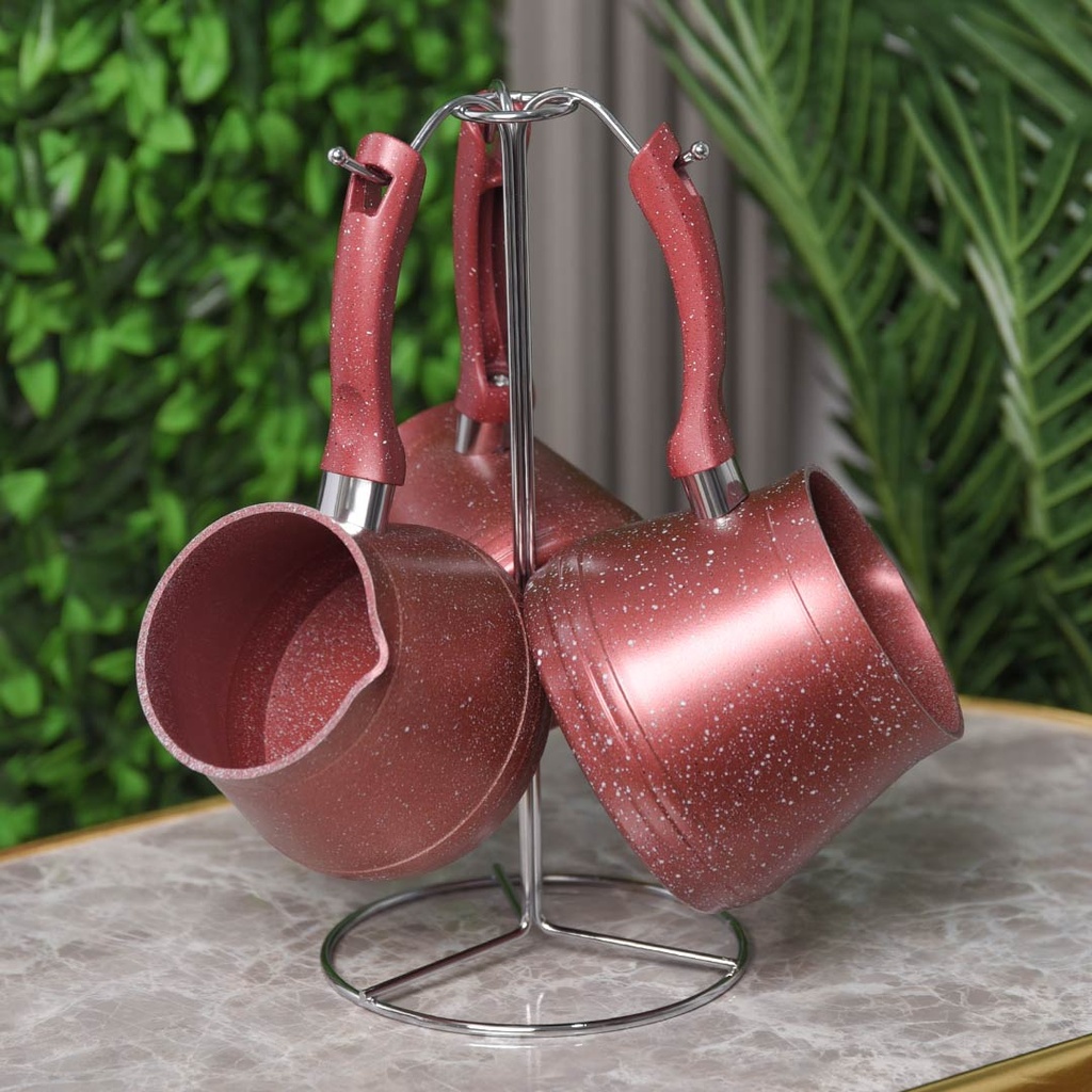 [3POT-R] Set de 3 pots à lait Lines En Granite avec Support - Rouge