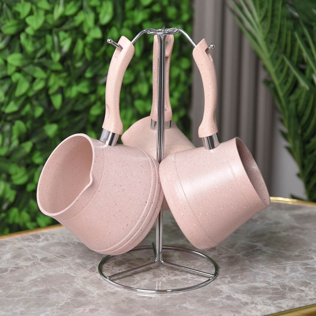[3POT-RO] Set de 3 pots à lait Lines En Granite avec Support - Rose