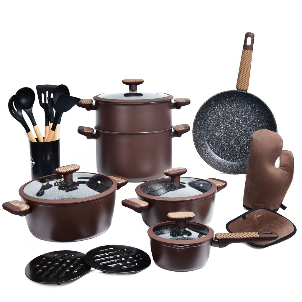 [SZR86081-6-R] Batterie De Cuisine Sizar 21 Pièces Granite - Marron