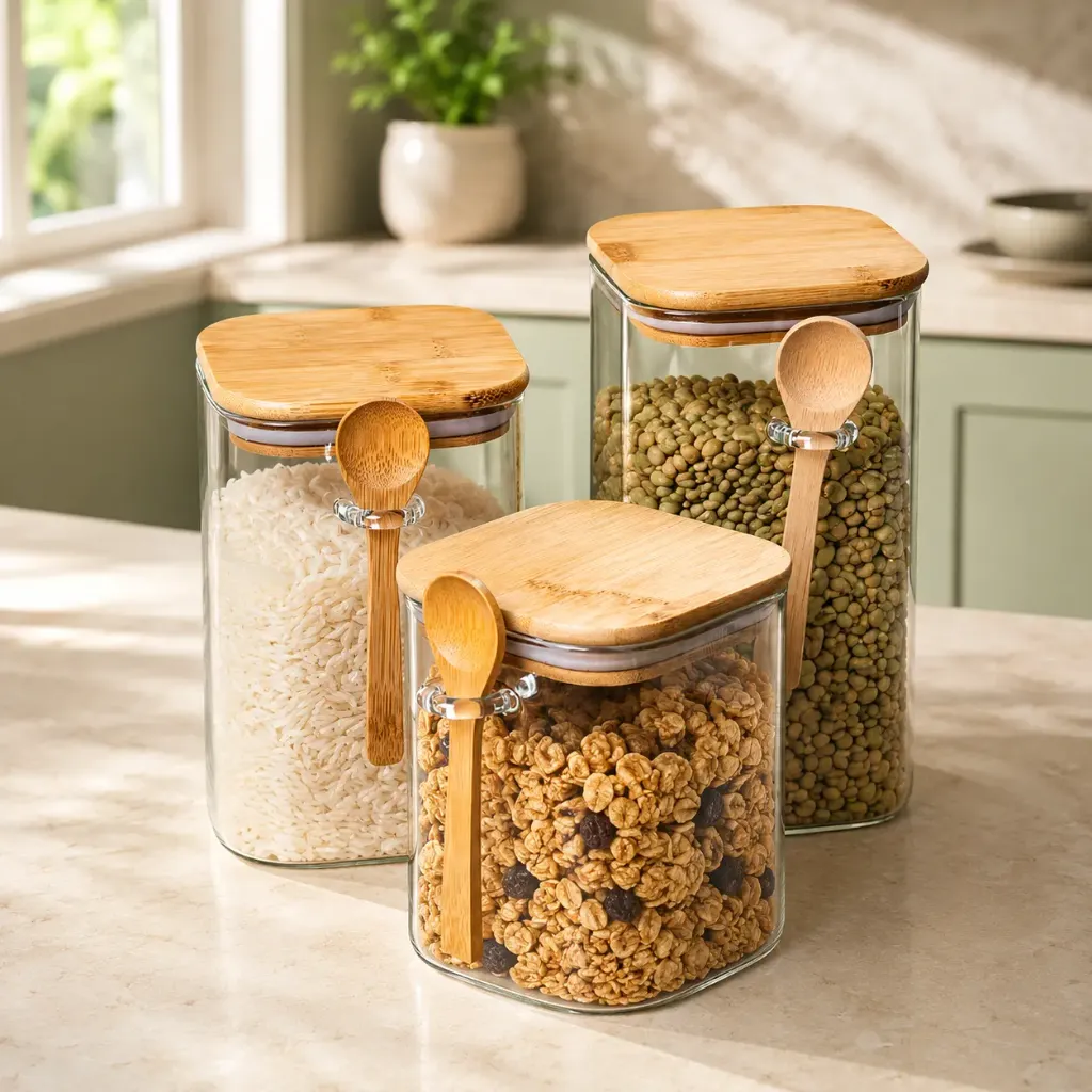 Lot de 3 Bocaux de Conservation en Verre – Couvercles en Bois