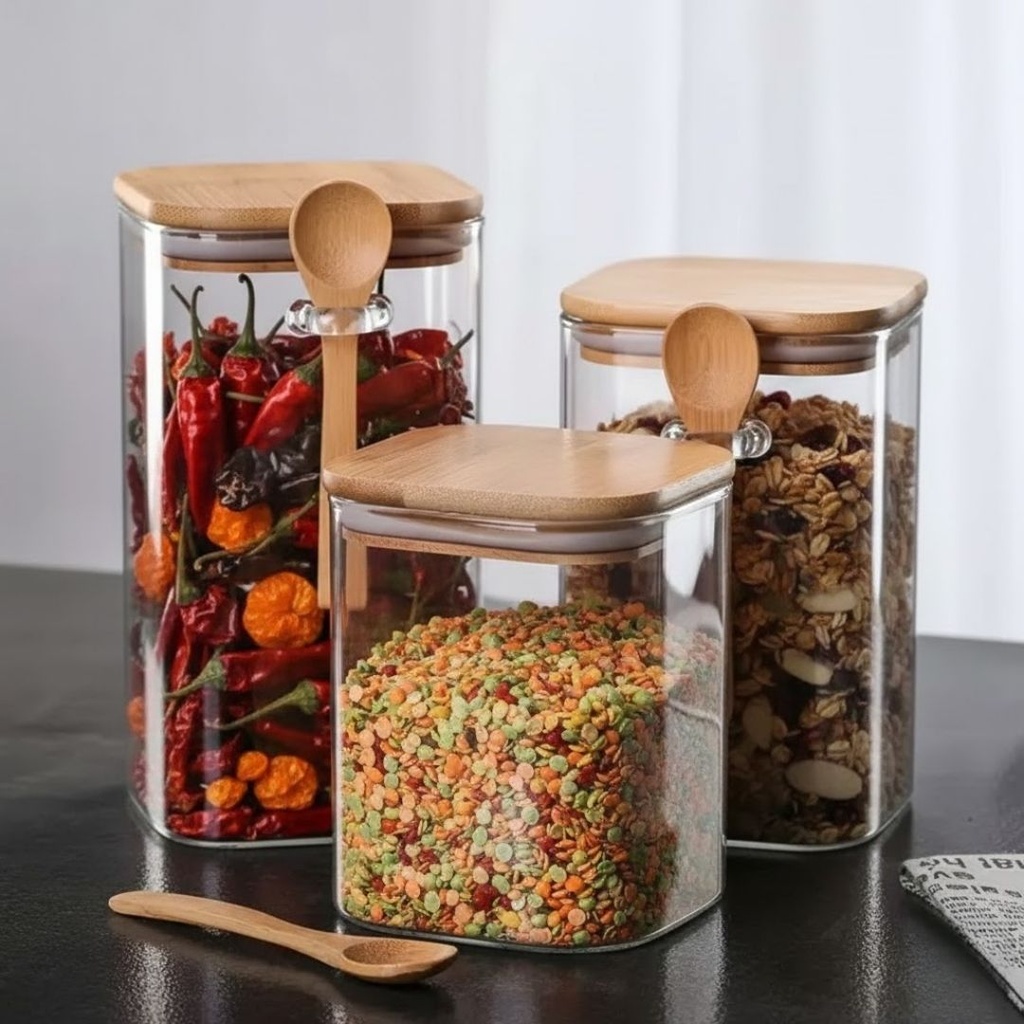 [MB4593-3] Lot de 3 Boite En verre avec Couvercle en Bois Bambou