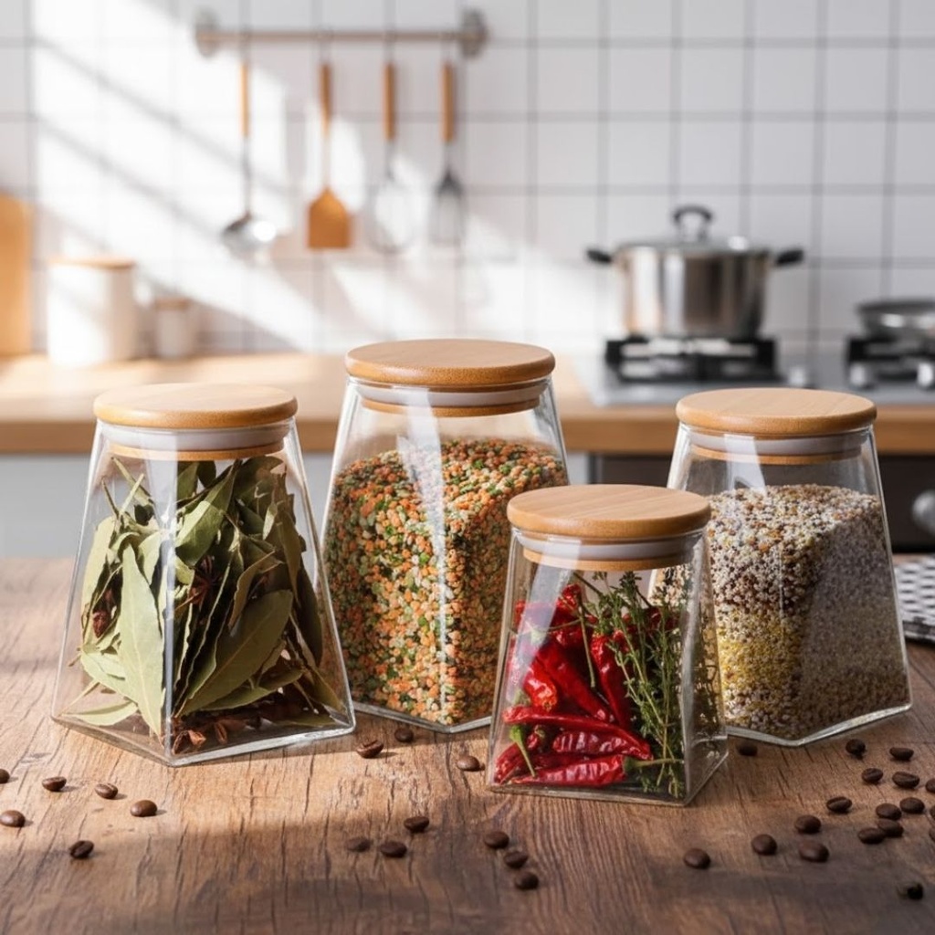 Lot de 4 Boites En verre avec Couvercle en Bois