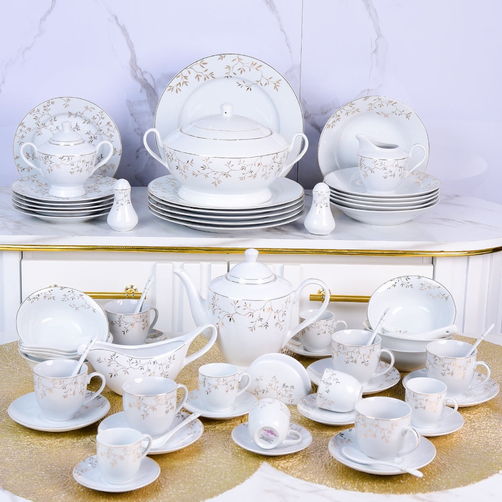 [G2256] Service à Table en Porcelaine 71 Pièces Bravo Doré Motif 6