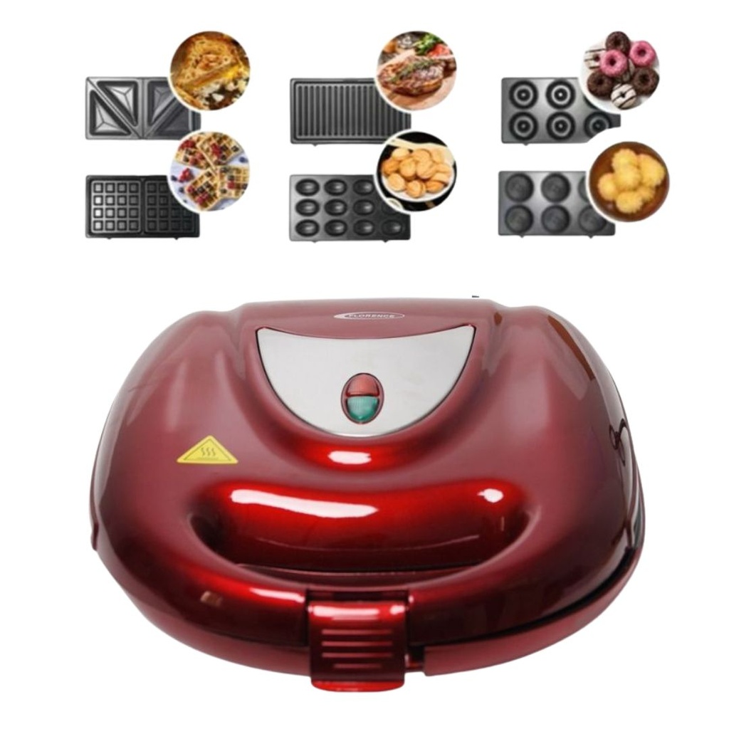 [HK411R] Appareil De Cuisson 6en1 Florence 1500W Zouza , Panini , Gauffre , Donut , Maamoul - Rouge