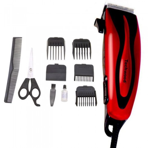 Tondeuse à Cheveux Techwood Rouge à Cordon, Lame Inox & Kit Complet Coiffure – TT-625