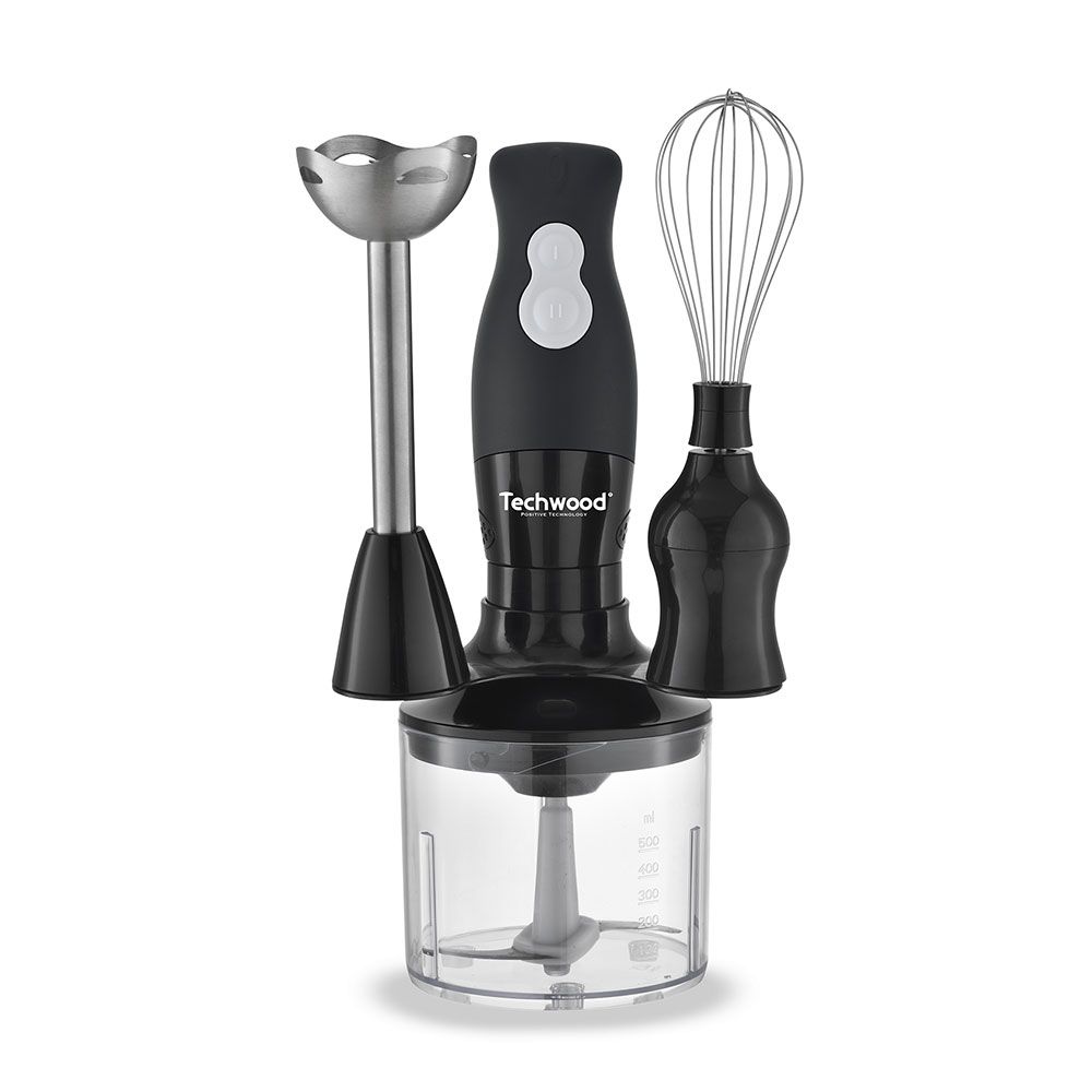 Mixeur Plongeant Techwood Noir 3en1 Pied Inox, Bol Hachoir 500ml & 2 Vitesses – TMS-8356