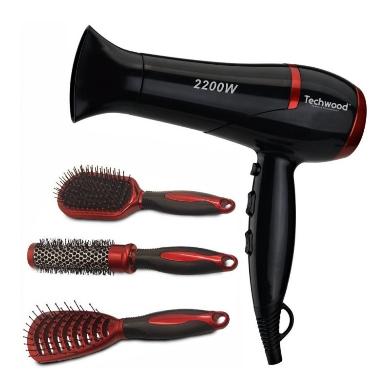 Séchoir Techwood 2200W 3 Températures, 2 Vitesses, Touche Air Frais + 3 Brosses Incluses – TCO-6075