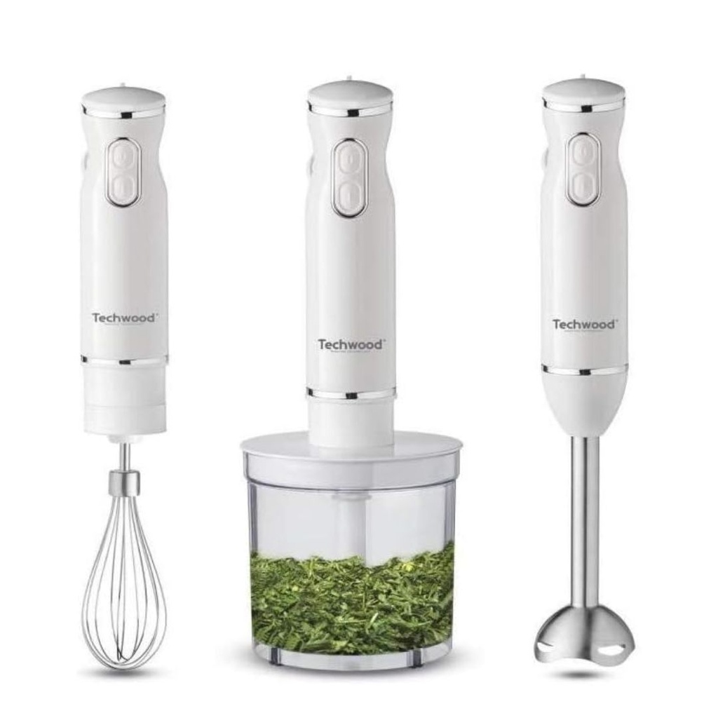 Mixeur Plongeant Techwood Blanc 3en1 Pieds Inox, Bol Hachoir 500ml & 2 Vitesses – TMS-9600