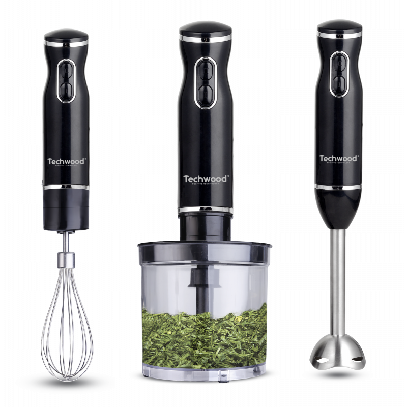 Mixeur Plongeant Techwood Inox Noir 3en1 Pieds Inox, Bol Hachoir 500ml & 2 Vitesses – TMS-9666