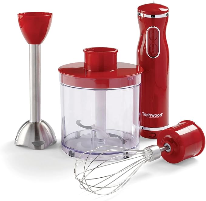 Mixeur Plongeant Techwood Inox Grenat 3en1 Pieds Inox, Bol Hachoir 500ml & 2 Vitesses – TMS-9605