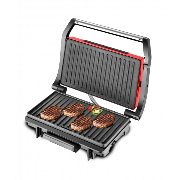 Panini Grill Techwood Inox Rouge 1500W, Contrôle Température & Cuisson Double Face – TGD-015