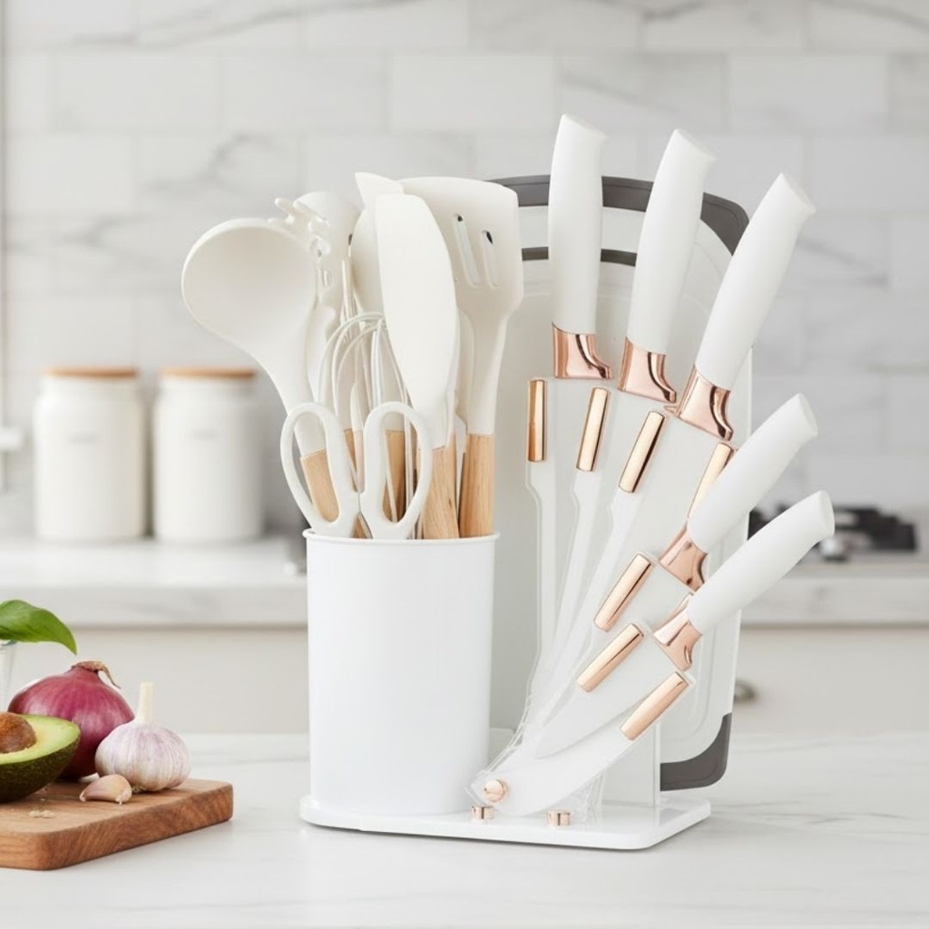 Ensemble D’ustensiles De Cuisine En Silicone 19 Pièces Blanc