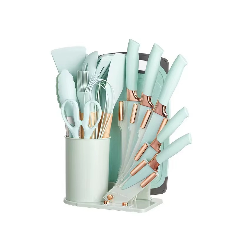 Ensemble D’ustensiles De Cuisine En Silicone 19 Pièces Vert d'eau