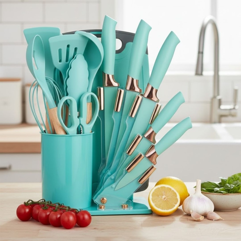 [ADN15-2-V] Ensemble D’ustensiles De Cuisine En Silicone 19 Pièces Vert 