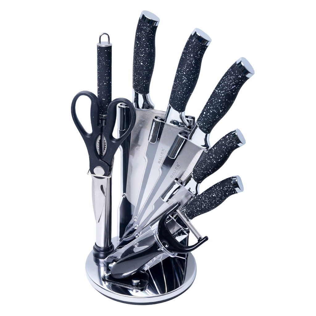 [ADN15-4-N] Ensemble 9 Pièces Couteaux Bali Marbré Noir avec Support tournant