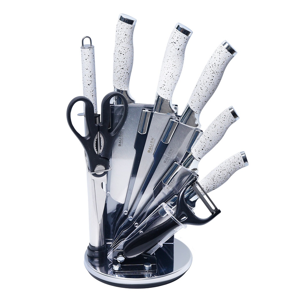 Ensemble 9 Pièces Couteaux Bali Marbré Blanc avec Support tournant