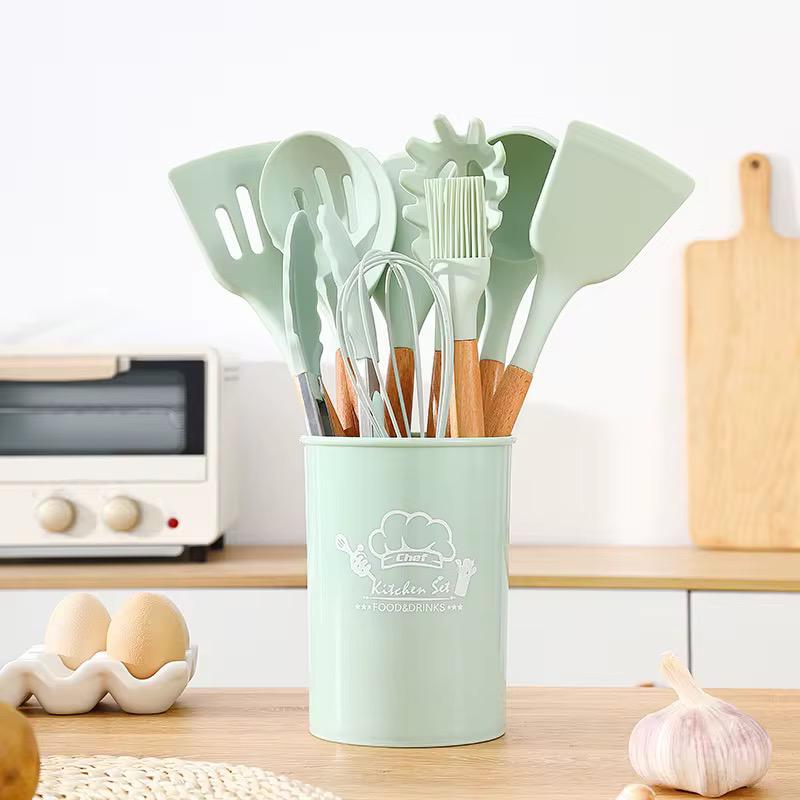 Set D'ustensiles De Cuisine 12 Pièces En Silicone Vert D'eau 