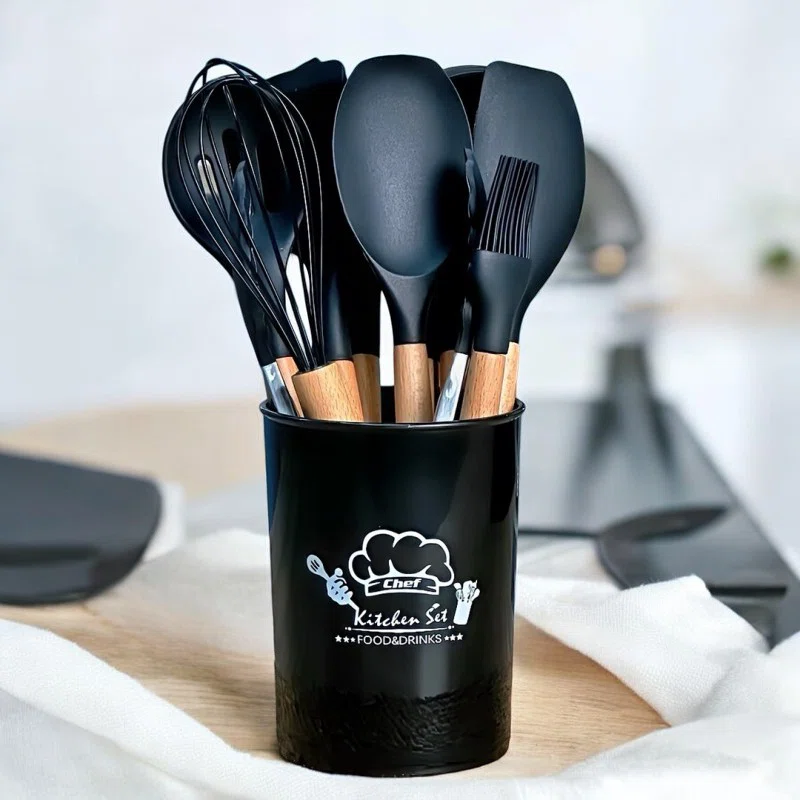 Set D'ustensiles De Cuisine 12 Pièces En Silicone Noir 