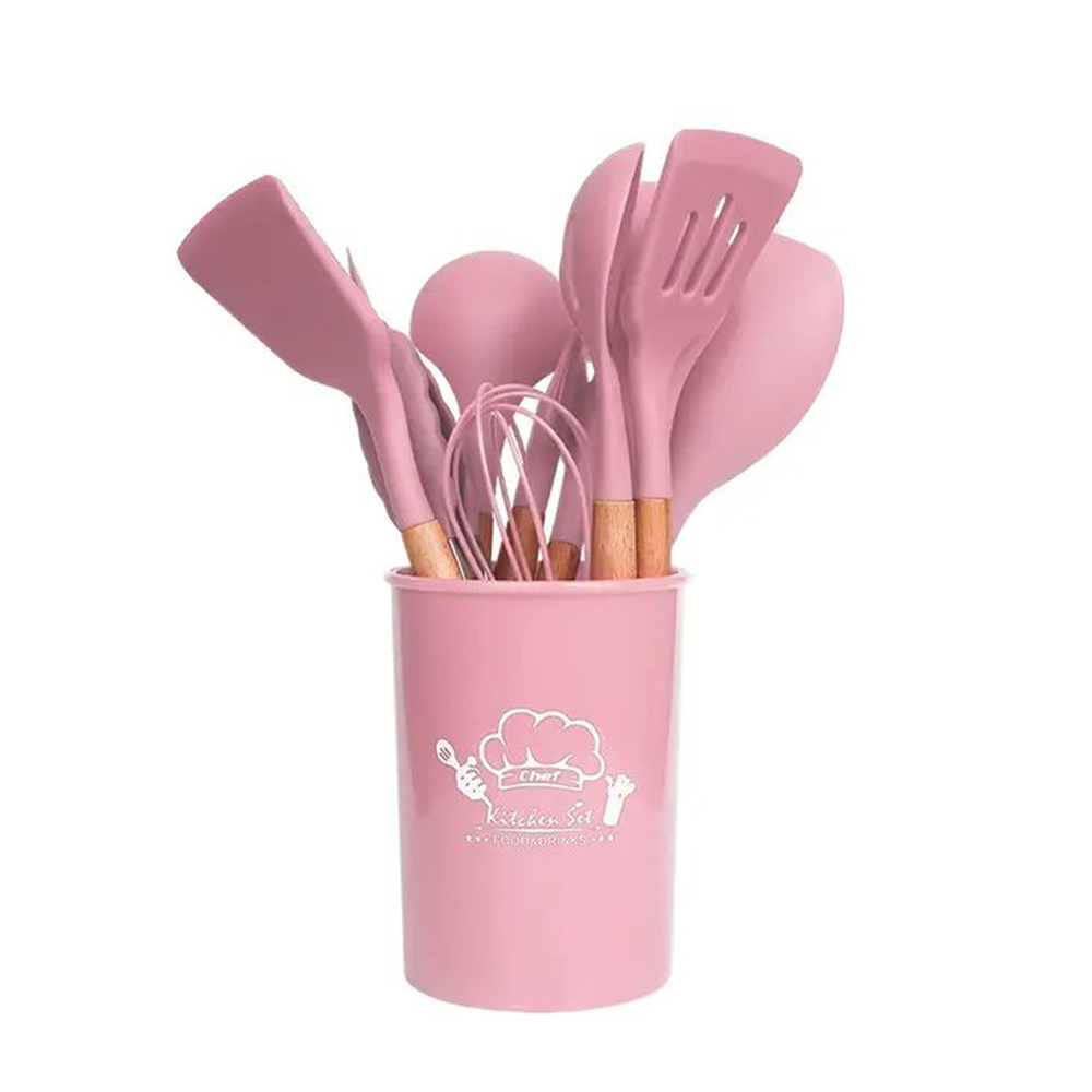 [ADN15-1-R] Set D'ustensiles De Cuisine 12 Pièces En Silicone Rose 