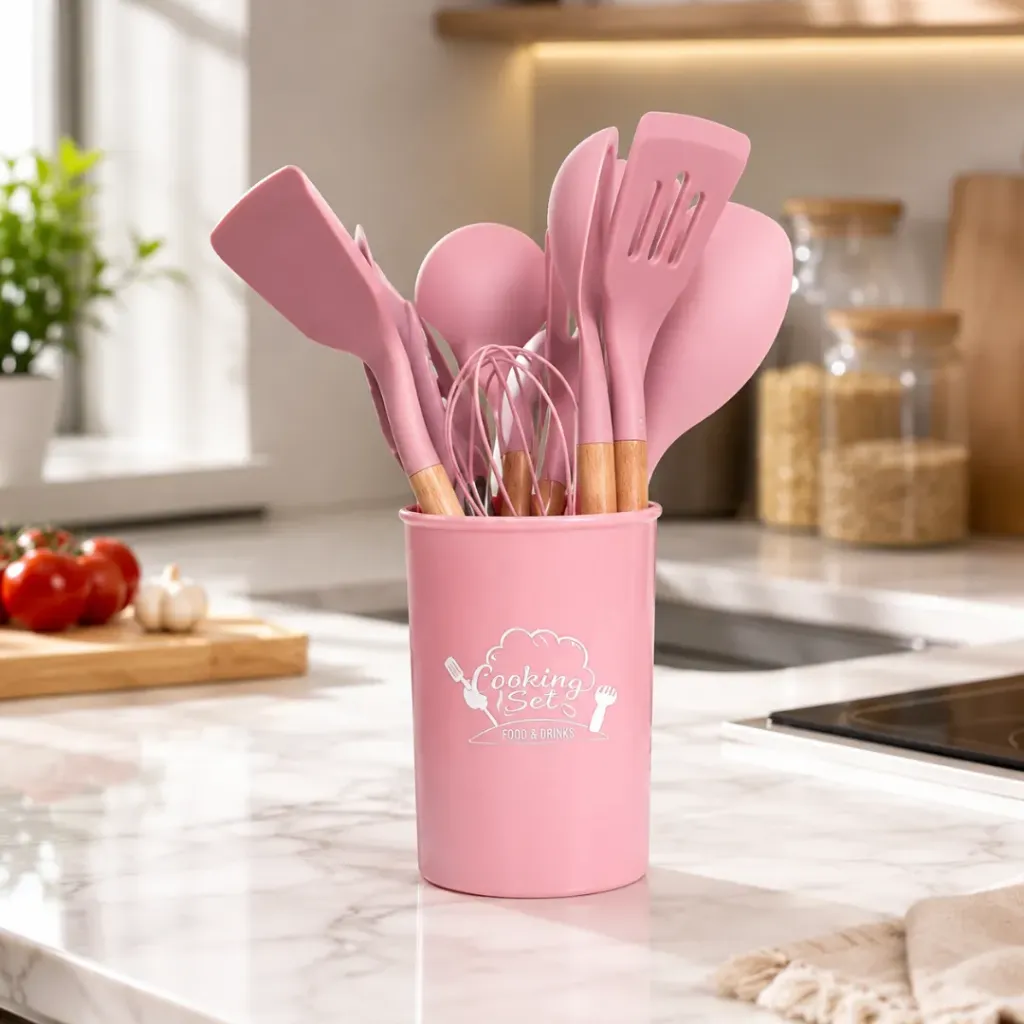 [ADN15-1-R] Set D'ustensiles De Cuisine En Silicone 12 Pièces Rose