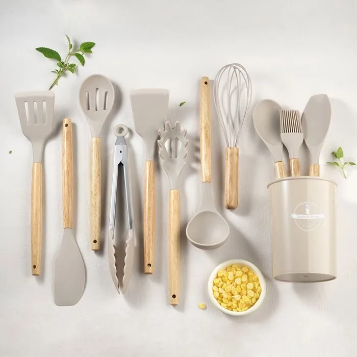 Set D'ustensiles De Cuisine 12 Pièces En Silicone Beige 