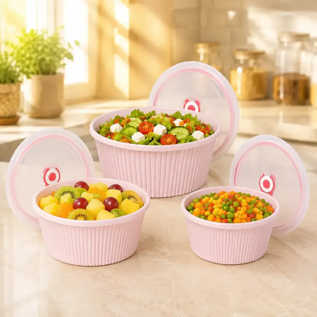 [ADN6-8-R] Set de 3 Saladiers En Plastique Avec Couvercle - Rose