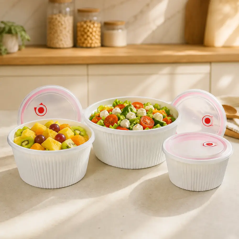 [ADN6-8-B] Set de 3 Saladiers En Plastique Avec Couvercle - Blanc