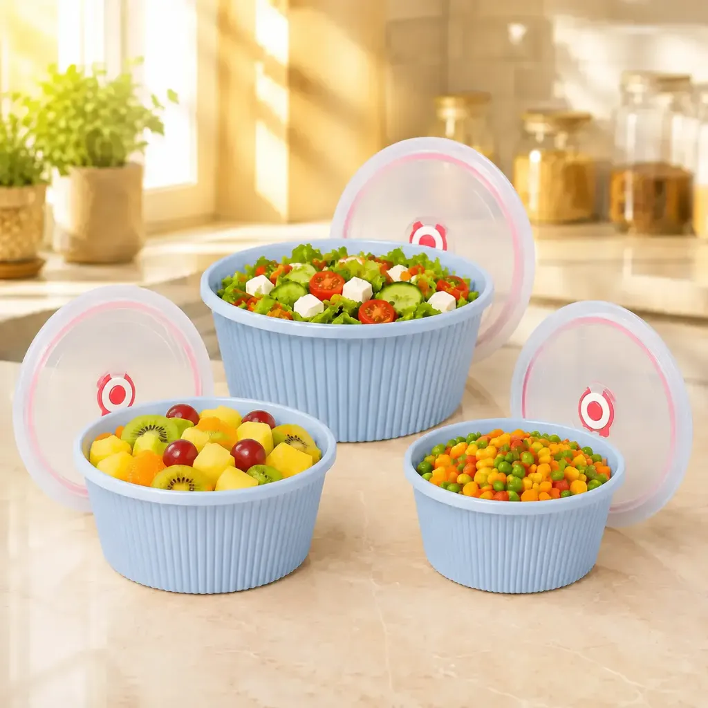 [ADN6-8-BL] Set de 3 Saladiers En Plastique Avec Couvercle - Bleu Ciel