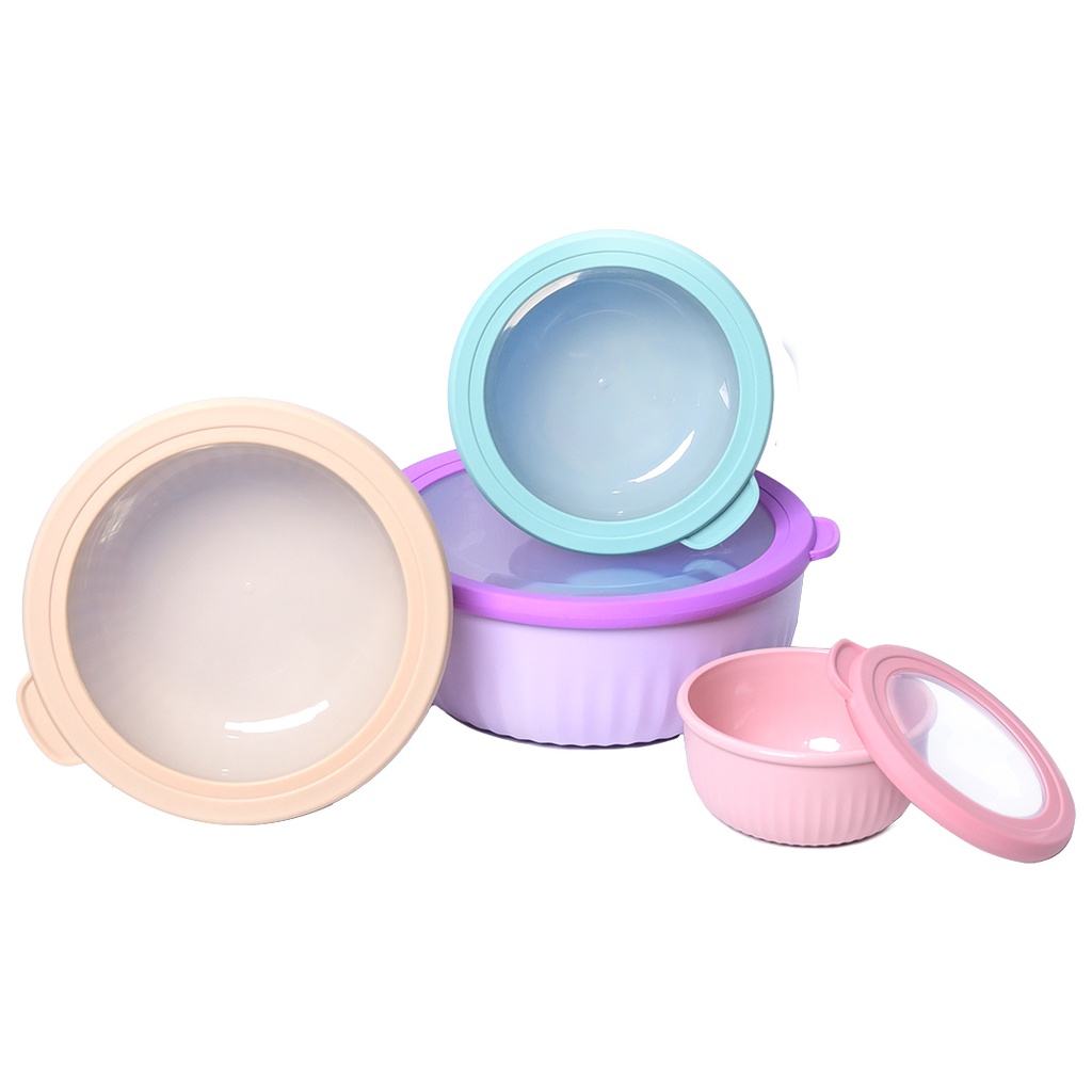 [ADN6-1] Set de 4 Saladiers Rond En Plastique Avec Couvercle - Multicouleur