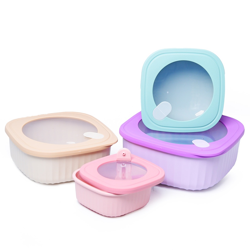 [ADN6-2] Set de 4 Saladiers Carré En Plastique Avec Couvercle - Multicouleur