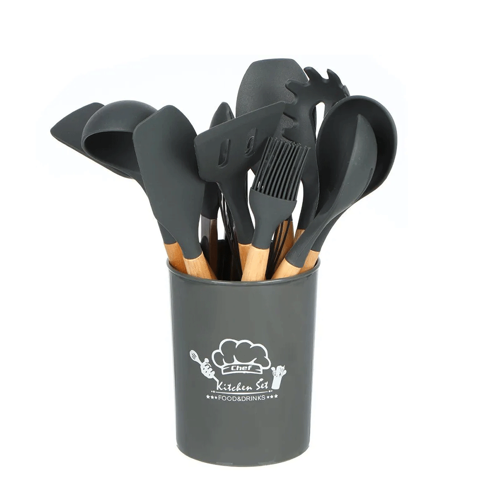 Set D'ustensiles De Cuisine 12 Pièces En Silicone Gris Charbon