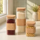 Lot de 3 Boite En verre avec Couvercle en Bois Bambou