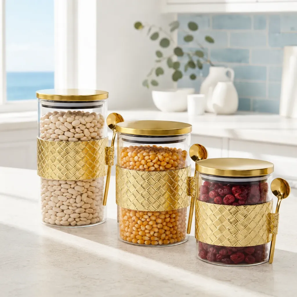 Lot de 3 Boite En verre avec Couvercle Doré