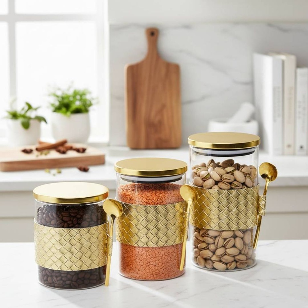 [AF1843-1] Lot de 3 Boite En verre avec Couvercle Doré